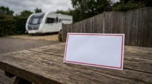 A blank white card with a red border resting on a weathered wooden picnic table overlooking a parked white caravan on a gravel driveway