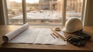 Architectural blueprints with a scale ruler, pens, work gloves, and a white hard hat on a wooden workbench overlooking a residential timber framing site through the window