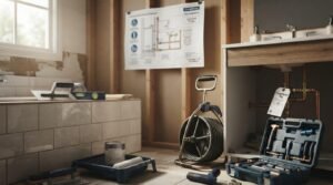 Bathroom renovation with professional plumbing tools, tiled shower, vanity installation, and contractor equipment