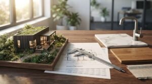 Modern granny flat architectural model with floor plans, material samples, and kitchen faucet design selection