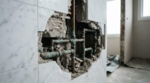 Exposed plumbing pipes inside a bathroom wall during home renovation and plumbing repair work