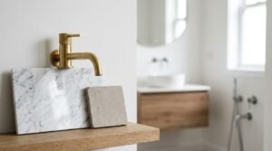 Powder room renovation with brushed brass faucet, marble slab, and tile sample for modern bathroom remodeling