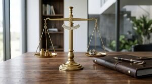 A vintage brass balance scale centered on a wooden office desk, balancing brass weights against a rough mineral specimen beside a leather planner and fountain pen