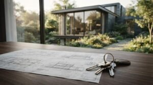 Architectural floor plan drawings and a ring of house keys with a leather fob resting on a dark wooden table in front of a floor-to-ceiling window overlooking a modern two-story glass home and landscaped garden