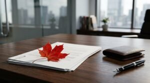 Red maple leaf resting on business documents on an office desk