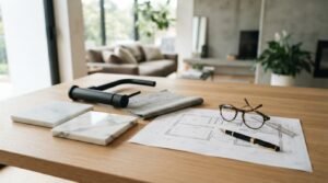 Bathroom renovation planning materials with faucet fixture samples, blueprints, and design tools on a wooden table