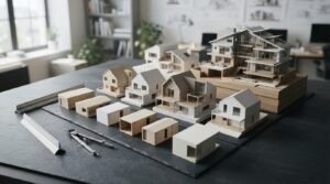 A progression of architectural scale models showing the evolution from simple geometric massing blocks to detailed multi-story timber houses, arranged with a drafting compass and scale rulers on a slate worktable