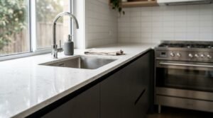 An undermount stainless steel kitchen sink with a high-arc chrome gooseneck faucet installed into a white veined quartz countertop, next to matte black handleless lower cabinets and a stainless steel freestanding gas range