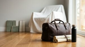 Home renovation preparation with a leather travel bag, rolled architectural plans, reusable water bottle, and covered furniture