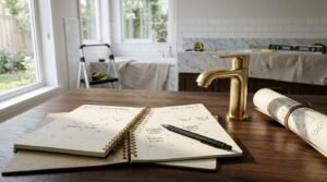 Bathroom renovation planning with a project calendar, brass faucet, blueprint, and construction progress in the background