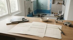 Bathroom renovation planning with quote documents, tile samples, faucet, and measuring tape in a partially renovated bathroom