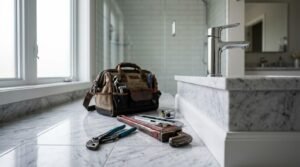 Professional bathroom plumbing service with plumbing tools, tool bag, and modern bathroom sink during a bathroom renovation project