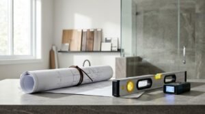 Construction blueprints and leveling tools on a bathroom renovation countertop