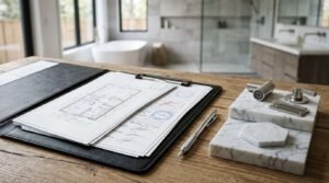 Bathroom renovation documents, floor plans, fixture samples, and a pen on a desk with a modern bathroom in the background