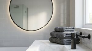 Budget-friendly bathroom refresh featuring a round LED mirror, matte black faucet, marble vanity, and neatly folded towels in a modern bathroom