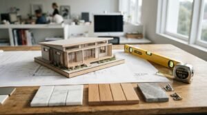 Architectural house model on blueprints with construction materials and measuring tools in a modern design studio
