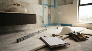 Bathroom renovation budget checklist with construction tools in a modern bathroom under renovation