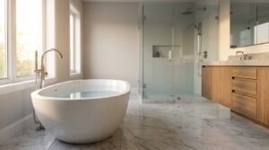Modern master bathroom with freestanding bathtub, frameless glass shower, floating wood vanity, and marble floor