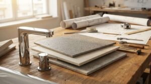 Chrome bathroom tapware and ceramic tile samples on a workbench for bathroom renovation planning