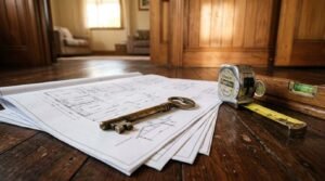 A vintage brass skeleton key resting on architectural floor plan blueprints alongside a tape measure and wooden spirit level on rustic hardwood floors