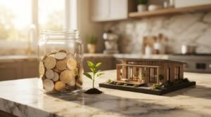 A glass jar filled with gold and silver coins beside a growing green sprout and an architectural scale model of a modern timber house on a sunlit marble kitchen island
