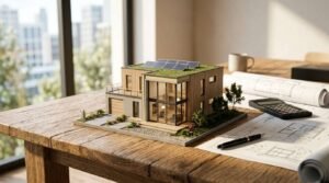 A detailed architectural scale model of a modern two-story eco-home with a green grass roof and solar panels, set on a wooden desk beside blueprints, a calculator, and a pen