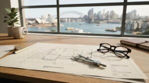 Architectural blueprints for a home extension, drafting compass, eyeglasses, and a coffee mug on an oak desk overlooking the Sydney Opera House and Harbour Bridge