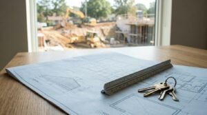 Architectural blueprints with a metal triangular scale ruler and a set of keys resting on a wooden table, overlooking an active excavation and construction site with heavy machinery through a large window