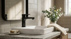 Modern bathroom vanity with matte black faucet, white vessel sink, granite countertop, and stylish mirror for a budget-friendly bathroom update