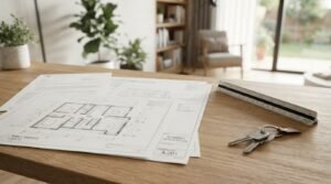 Architectural planning application documents, floor plan blueprints, a triangular scale ruler, and house keys resting on a wooden desk with a sunlit modern living room background