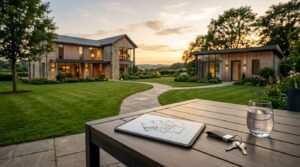 A digital tablet displaying architectural floor plans, a glass of water, and house keys on an outdoor patio table overlooking a manicured lawn, main estate home, and detached guest studio at sunset