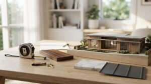 A detailed architectural scale model of a modern single-story timber home beside material finish samples, a tape measure, and house keys on a wooden table
