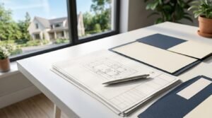 Architectural floor plan blueprints with a sleek silver pen and navy presentation folders on a white desk overlooking a modern suburban house through the window