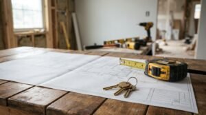 Home renovation blueprints with measuring tape and house keys on a wooden workbench