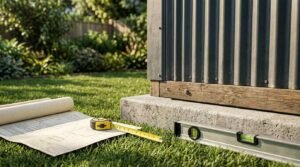 A structural inspection of a corrugated metal shed on a raised concrete slab, with architectural blueprints, an extended yellow tape measure, and a spirit level on the lawn