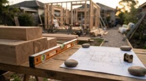 Timber beams, construction plans, and a spirit level at a backyard granny flat building site