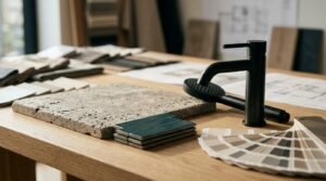 Black bathroom faucet with tile samples, stone slab, and color swatches on a design table