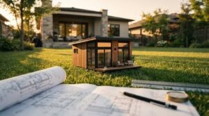 A modern timber tiny home scale model placed on a lush green backyard lawn with architectural blueprints, a drafting pencil, and a scale ruler in the foreground