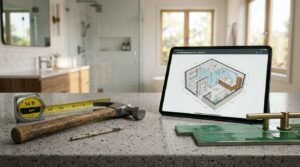 Bathroom renovation planning with measuring tape, hammer, tile samples, and a digital 3D bathroom design on a tablet in a modern home