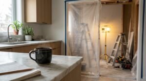 Home renovation in progress with a kitchen island, coffee mug, construction tools, plastic dust barrier, and remodeling workspace