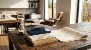 Kitchen renovation planning with an hourglass, architectural floor plans, and countertop and cabinet material samples on a wooden table