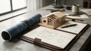 A timber scale model of a house extension on a cork base, set inside an open leather portfolio with floor plans, a mechanical drafting pencil, and a rolled blue blueprint scroll on a concrete worktable
