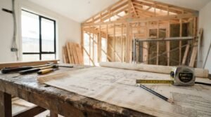 Architectural floor plan blueprints with a tape measure, pencil, and hand tools on a rustic workbench inside a timber house under framing construction
