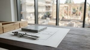 An architectural floor plan blueprint with a drafting compass, polished concrete sample tile, and notched timber block on a wooden desk overlooking an active building construction site