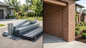 A split visual comparison showing prefabricated galvanized steel garage kit framing components stacked on a driveway beside a custom brick-built garage structure