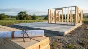 A rolled architectural floor plan secured with a leather strap and a metal drafting compass resting on a stack of timber framing lumber, with a concrete slab foundation and wooden stud frame in the background