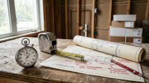 Bathroom renovation timeline planning with stopwatch, measuring tape, floor plans, and construction schedule on a workbench