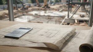 A slim metallic desk calculator resting on unrolled architectural blueprints on a wooden table overlooking an active foundation construction site with excavators and steel framework through a large window