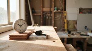 Bathroom renovation materials and fixture samples on a workbench inside an unfinished remodel