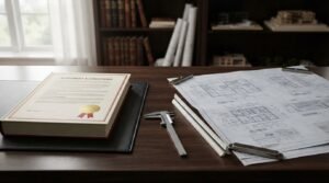 A bound legal building contract with a gold seal resting on a desk blotter beside architectural blueprints, a triangular scale ruler, and a vernier caliper in a classic office with a law library background
